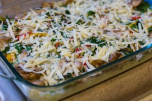 any-veggie breakfast casserole topped with cheese