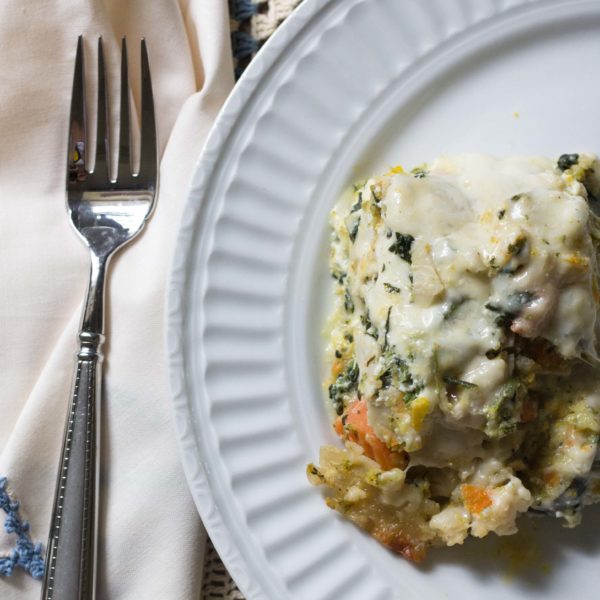 plate of vegetable lasagna and fork