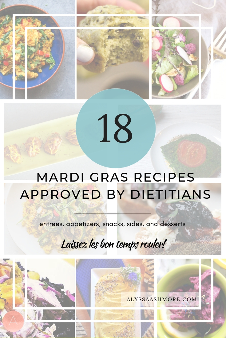 Looking for a healthy way to let the good times roll? Find out how you can have your king cake and eat it too, by taking a peek at this collection of dietitian-approved Mardi Gras recipes I’ve gathered for you! Pick out a few and get ready for some bon temps! #mardigras #mardigrasrecipes #partyrecipes #healthyrecipes